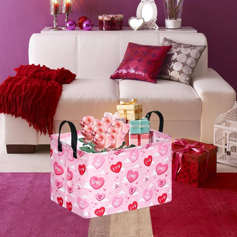 FUULOXE Rectangular Valentines Basket Storage Bin for Shelves Girls Gifts Baskets Foldable Box with Handles for Home Office Car Dormroom Valentine's Day Party Supplies - Image 3